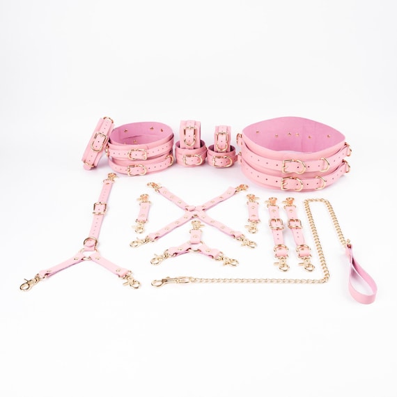 16 Piece – Italian Leather Bondage Restraint Set – Waist Belt, Thigh Cuffs, More – Multiple Colors & Hardware Options, Pink
