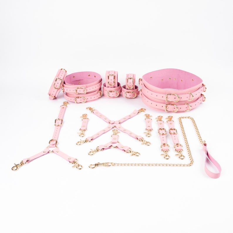 Fesselset aus italienischem Leder – Manschetten und Gürtel aus rosa Rindsleder 16 Piece Set