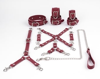 Ensemble de retenue BDSM, poignet en cuir de vachette, poignets de cheville Collier de retenue avec ceinture arrière et laisse, deux, trois, connecteur à quatre voies, kit de 11 pièces