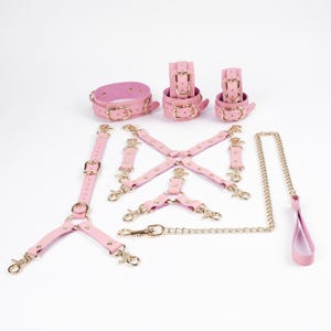 Fesselset aus italienischem Leder – Manschetten und Gürtel aus rosa Rindsleder 11 Piece Set