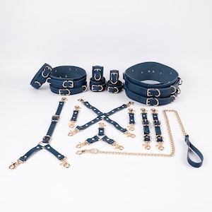 May include: A collection of navy blue leather restraints with gold-colored hardware. The set includes collars, cuffs, harnesses, and a leash. The items are arranged on a white surface, showcasing the various components and their design.