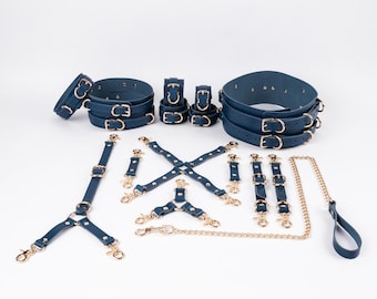 16 Piece – Italian Leather Bondage Restraint Set – Waist Belt, Thigh Cuffs, More – Multiple Colors & Hardware Options