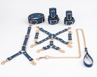 BDSM Restraint Set, Cowhide Leather Wrist, Ankle cuffs Collar back belt Restraint and Leash, two, three, four-way connector, 11 Piece kit