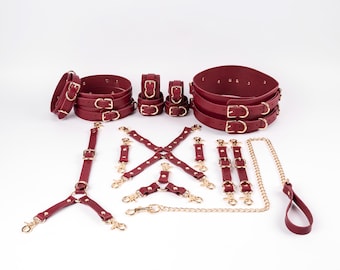 16 Piece – Italian Leather Bondage Restraint Set – Waist Belt, Thigh Cuffs, More – Multiple Colors & Hardware Options, Burgundy