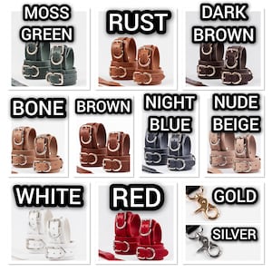 K&ouml;nnte beinhalten: Ein Set Lederhandfesseln in verschiedenen Farben, darunter Moosgr&uuml;n, Rost, Dunkelbraun, Knochen, Braun, Nachtblau, Nude Beige, Wei&szlig;, Rot, Gold und Silber. Die Handfesseln sind aus Leder und haben Metallschnallen und Ringe.