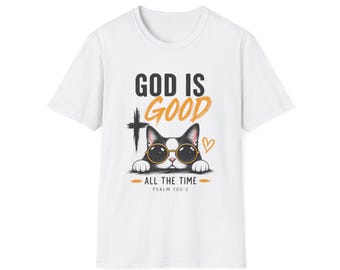 God Is Good Cat tee | Faith Shirt with Cross and Cat Illustration