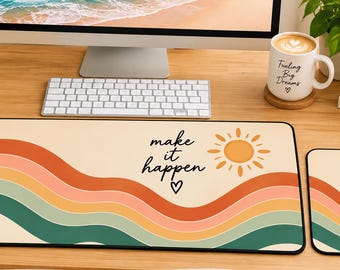 Retro Make It Happen Desk Mat, Boho Rainbow Waves, Motivational Office Decor