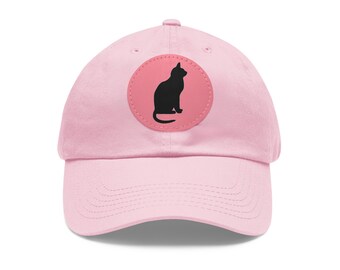 Black Cat / Silhouette /  Dad Hat / Cap Cat Mom with Leather Patch (Round)
