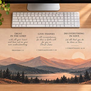 Sunset Mountain Pines Landscape Desk Mat | Christian Scripture Quotes, Inspirational Verse