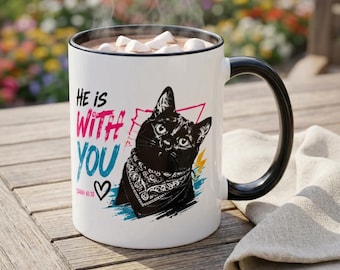 He Is With You Cat Mug | Isaiah 41 Verse, Black Cat Bandana (11oz, 15oz)