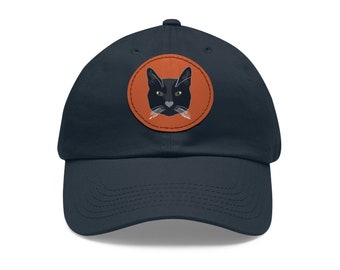 Black Cat / Cat Face /  Dad Hat Cap /  Cat Mom Hat with Leather Patch (Round)