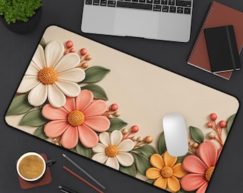 3D Pastel Floral Bouquet Desk Mat | Daisies, Peonies, Leaves, Neutral Background