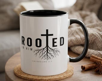 Rooted in Him cross with roots Accent Coffee Mug | Christian Colossians 2:7
