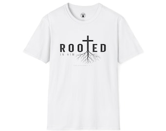 Rooted in Him Cross with Roots T-Shirt | Christian Faith Scripture Tee