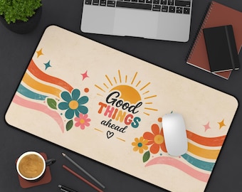 Good Things Ahead desk mat | Retro floral sunrise design