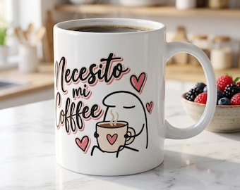 Necesito mi Coffee Mug | Hand-Drawn Character, Flork, Hearts, 11oz Ceramic