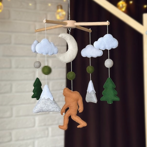 Baby mobile sasquatch, woodland nursery mobile, baby crib mobile, felt mobile