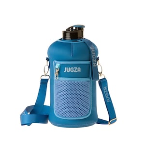May include: A blue water bottle with a black lid and a shoulder strap. The bottle has a mesh pocket on the front and the word "JUGZA" printed on the front and strap.