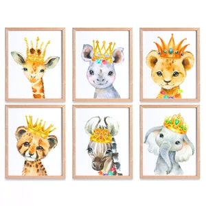 Safari Nursery Prints, Set of 6, Nursery Wall Art, Kids Room Decor Baby Animal Giraffe Lion Elephant Zebra Rhino Cheetah King Crown 6ANM02VS