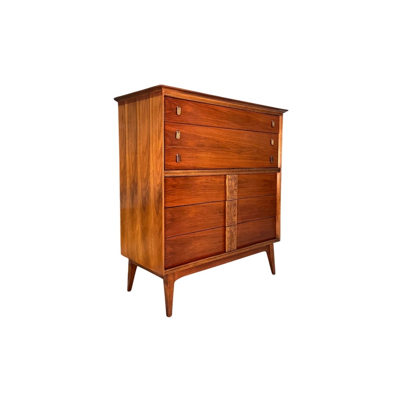 Bassett Mayan Mid Century Modern Highboy Tall Vintage Dresser c. 1960s image 3