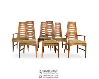 Young Manufacturing Mid Century Modern High Back 7 Slats Set of 6 Cat Eye Dining Chairs c. 1960s