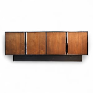 Milo Baughman Style Vintage Mid Century Modern Walnut and Chrome Credenza c. 1970s