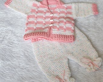 Baby girl handmade crocheted star cluster cardigan with trousers in photo available 0-12months