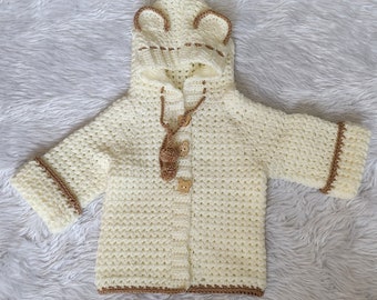 Baby uni-sex handmade crochered bear hoody jacket with ears on hoody. Available 0-12months