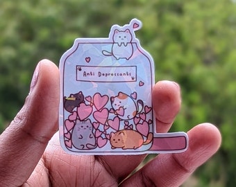 Cute cat antidepressant Broken glass waterproof sticker, Laptop sticker, Cats in jar, Cats sticker, Antidepressant sticker, Heart sticker
