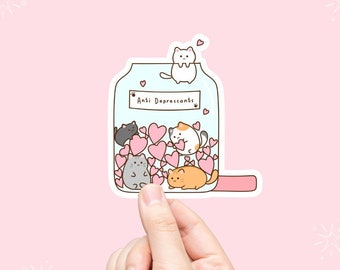 Cute cat antidepressant vinyl waterproof sticker, Laptop sticker, Cat sticker, Antidepressant sticker, Cat Lover, Mental Health Stickers