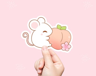 Mouse on Peach Sticker, Stickers, Mouse Lover, Vinyl Stickers, Gift for Him, Journal Stickers, Laptop Decal, Cute Sticker, Gifts Under 5