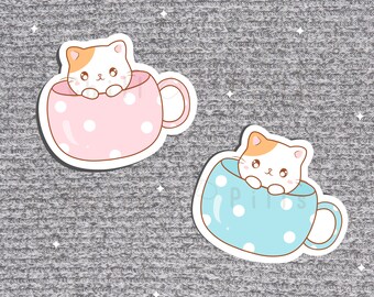 Cute cat in a cup vinyl waterproof sticker, Handmade stickers, Cats in jar sticker, Cats sticker,Stickers, Kitten sticker