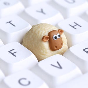 May include: A close-up image of a sheep figurine resting on a white computer keyboard. The sheep is a light beige colour with a brown face and ears, and large, googly eyes. The keyboard keys are labelled with black letters.