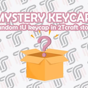 Op de afbeelding: Een bruine kartonnen doos met een vraagteken erin. De doos is open en het vraagteken is roze. De achtergrond is een wit patroon van grijze en roze lijnen. De tekst "MYSTERY KEYCAP (Random 1U keycap in 2Tcraft store)" staat bovenaan de afbeelding.