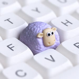 May include: A close-up image of a purple sheep ornament sitting on a white computer keyboard. The sheep has a beige face and ears, with large, cartoonish eyes. The keyboard keys are clean and well-lit, creating a playful contrast.
