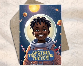 Digital Download - Black Boy Astronaut Birthday Greeting Card - Black Boy Joy