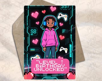 Digital Download - Pixelated Gamer Girl Birthday Greeting Card