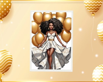 Digital Download - Melinated Diva With Gold Balloons Birthday Greeting Card
