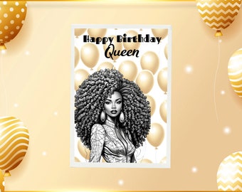 Digital Download - Happy Birthday Black Queen With Gold Balloon Background Birthday Greeting Card - Black Girl Magic