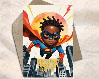Digital Download - Black Boy Superhero Birthday Greeting Card - Black Boy Joy