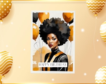 Digital Download - Bundle Of 5 Black And Gold Abstract Birthday Divas Greeting Cards