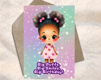 Digital Download - Bundle Of 5 Adorable Black Girls With Afro Puffs Birthday Greeting Card