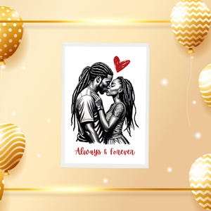 Descarga digital: Tarjeta de felicitación de aniversario de San Valentín para pareja afroamericana siempre y para siempre