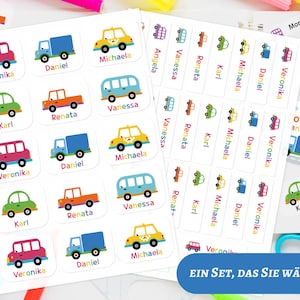 Etichette portanome, etichette tessili, bambini, impermeabili, auto, mezzi di trasporto, set 2 in 1