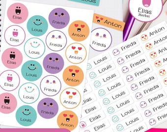 Name labels, textile labels, iron-on labels, children's, waterproof, smiley