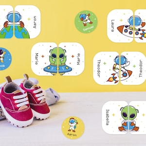 Adesivi per scarpe, etichette per scarpe, etichette per nomi, adesivi per nomi, bambini, impermeabili, spazio, astronauta