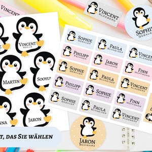 Etiquetas de nombres, etiquetas textiles, infantiles, impermeables, pingüino