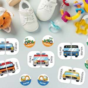 Autocollants de chaussures, étiquettes de chaussures, étiquettes nominatives, autocollants nominatifs, enfants, imperméables, police, pompiers, excavatrice