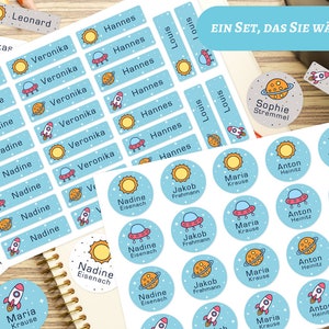 Etiquetas con nombres, pegatinas con nombres, niños, impermeables, espacio, astronauta, etiquetas termoadhesivas