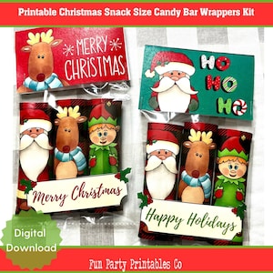 May include: Printable Christmas snack size candy bar wrappers kit. The image shows several candy bar wrappers with festive designs. The wrappers feature Santa Claus, reindeer, and elves. Text includes "Merry Christmas", "Happy Holidays", and "HO HO HO".